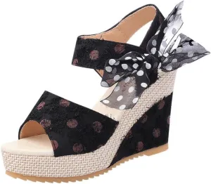 Women's Platform Wedge Sandals Polka Dot Wedge Bow Platform Sandals Elegant Floral Bow Tie Ankle Strap Shoes for Bride Wedding Christmas Halloween Party Favor