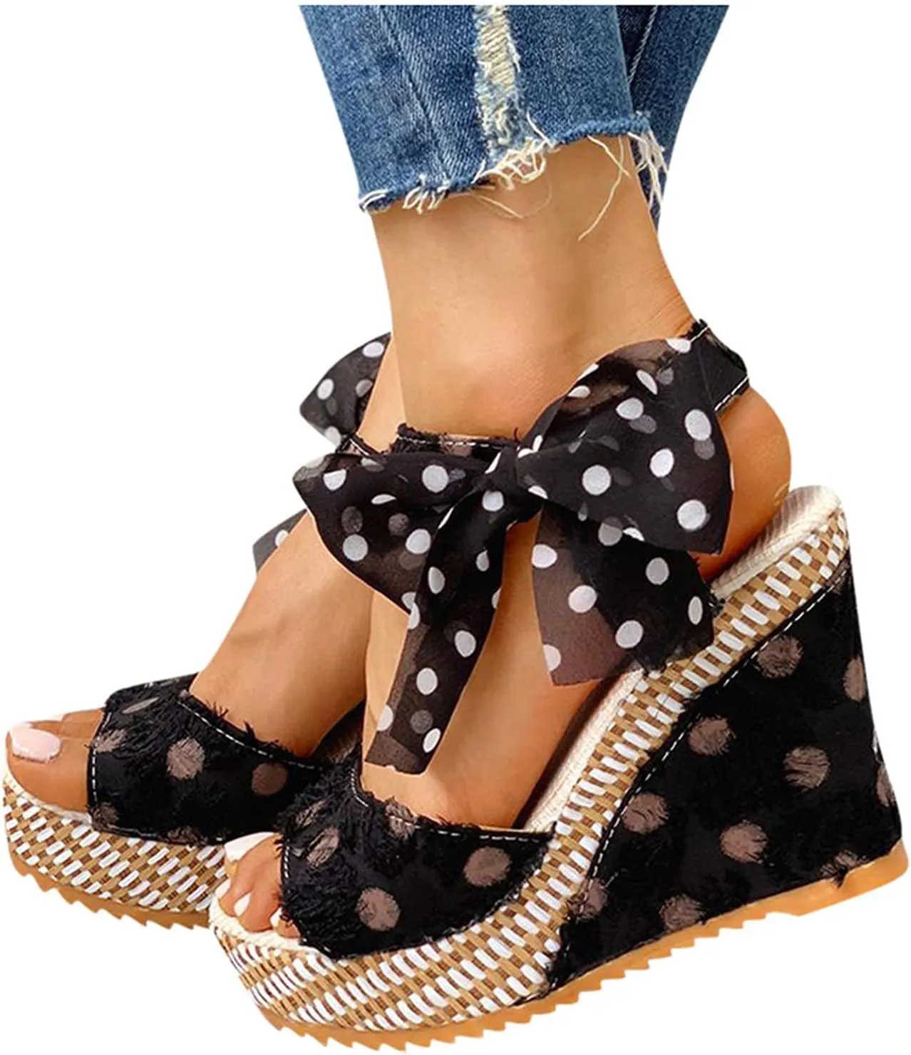 Women's Platform Wedge Sandals Polka Dot Wedge Bow Platform Sandals Elegant Floral Bow Tie Ankle Strap Shoes for Bride Wedding Christmas Halloween Party Favor