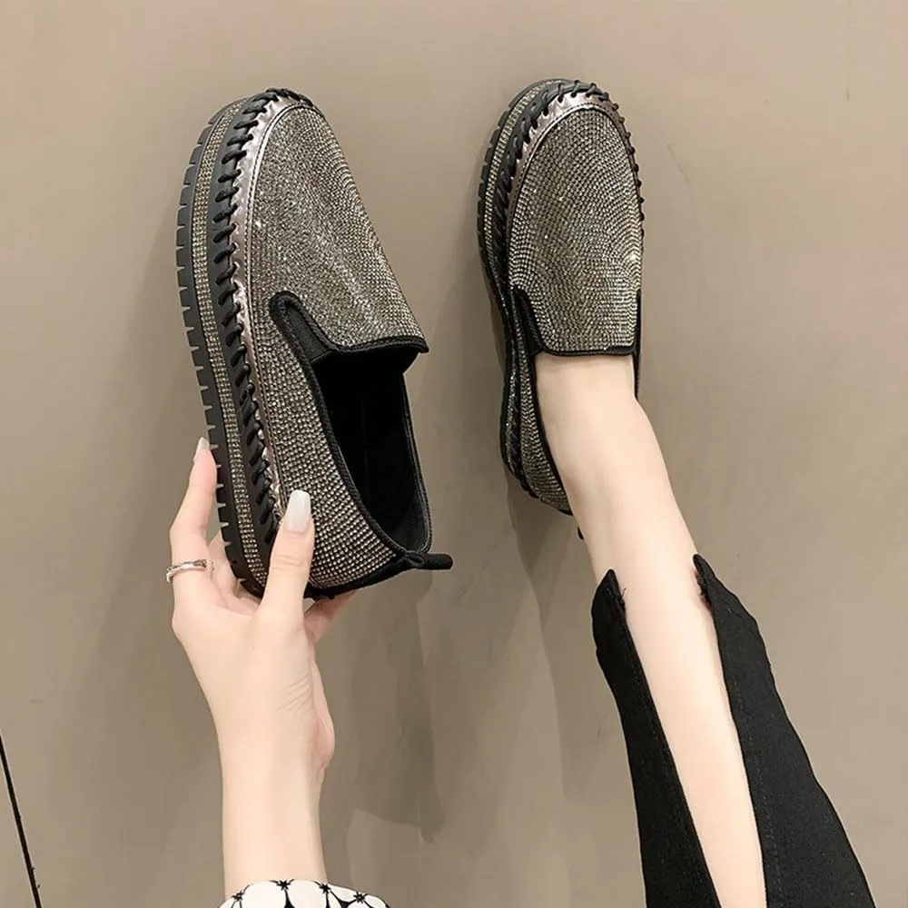 Women's Rhinestones Glitter Fashion Dress Sneakers Slip on Platform Loafers Party Wedding Bling Casual Flat Shoes