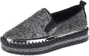 Women's Rhinestones Glitter Fashion Dress Sneakers Slip on Platform Loafers Party Wedding Bling Casual Flat Shoes