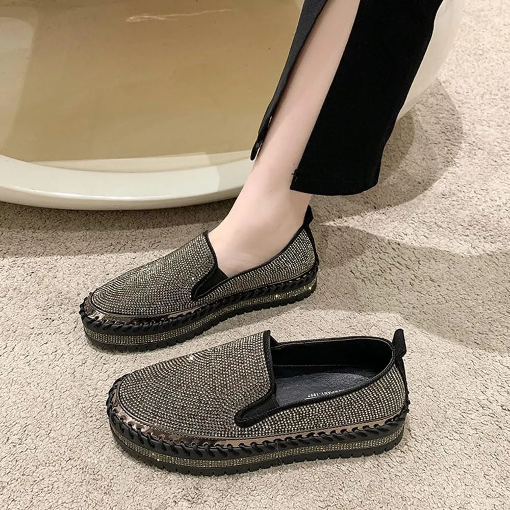 Women's Rhinestones Glitter Fashion Dress Sneakers Slip on Platform Loafers Party Wedding Bling Casual Flat Shoes