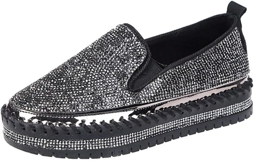 Women's Rhinestones Glitter Fashion Dress Sneakers Slip on Platform Loafers Party Wedding Bling Casual Flat Shoes