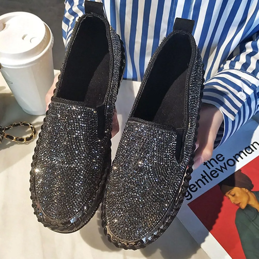 Women's Rhinestones Glitter Fashion Dress Sneakers Slip on Platform Loafers Party Wedding Bling Casual Flat Shoes