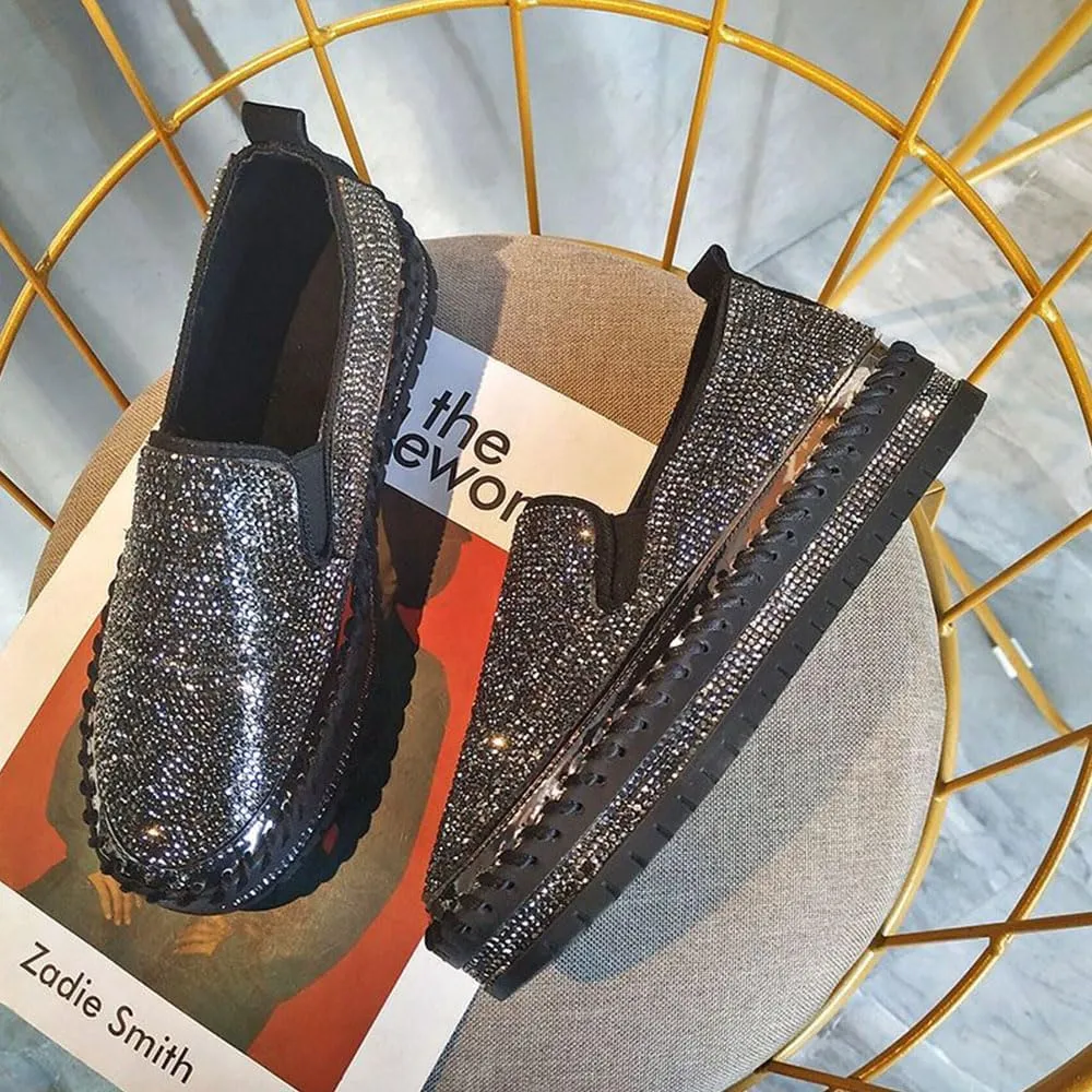 Women's Rhinestones Glitter Fashion Dress Sneakers Slip on Platform Loafers Party Wedding Bling Casual Flat Shoes