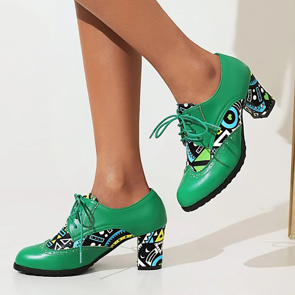Women's Round Toe Lace Up Wingtip Oxford Pumps Block High Heel Perforated Vintage Brogue Dress Shoes