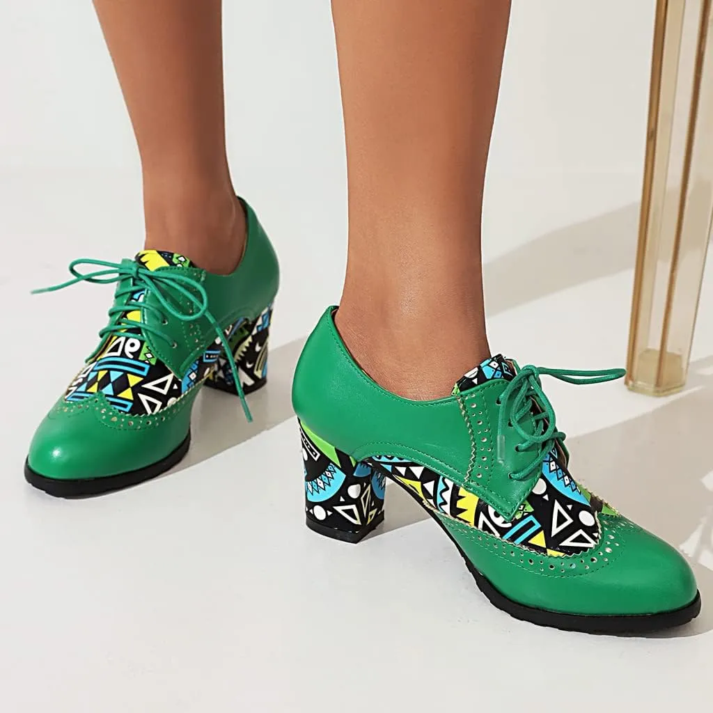 Women's Round Toe Lace Up Wingtip Oxford Pumps Block High Heel Perforated Vintage Brogue Dress Shoes