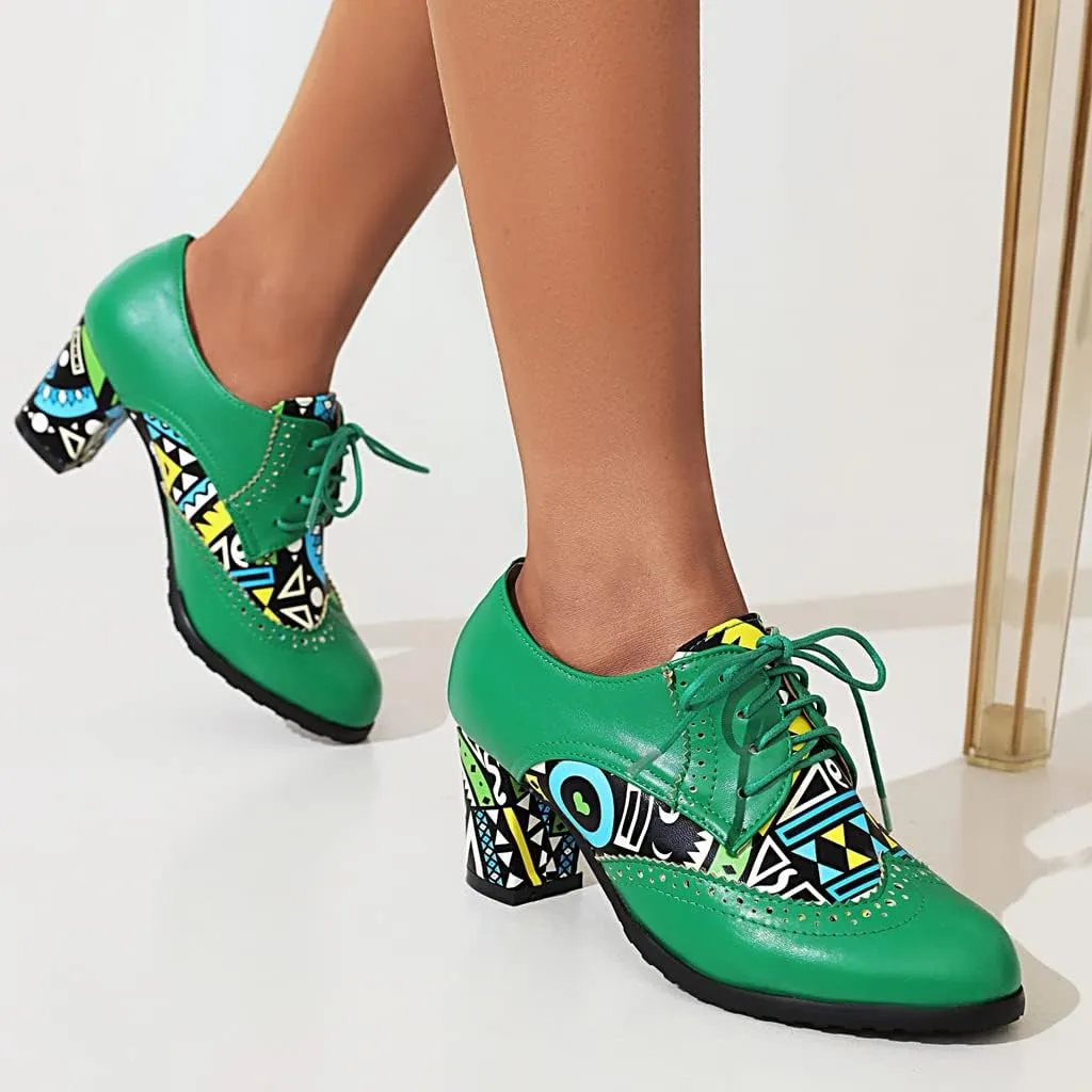 Women's Round Toe Lace Up Wingtip Oxford Pumps Block High Heel Perforated Vintage Brogue Dress Shoes