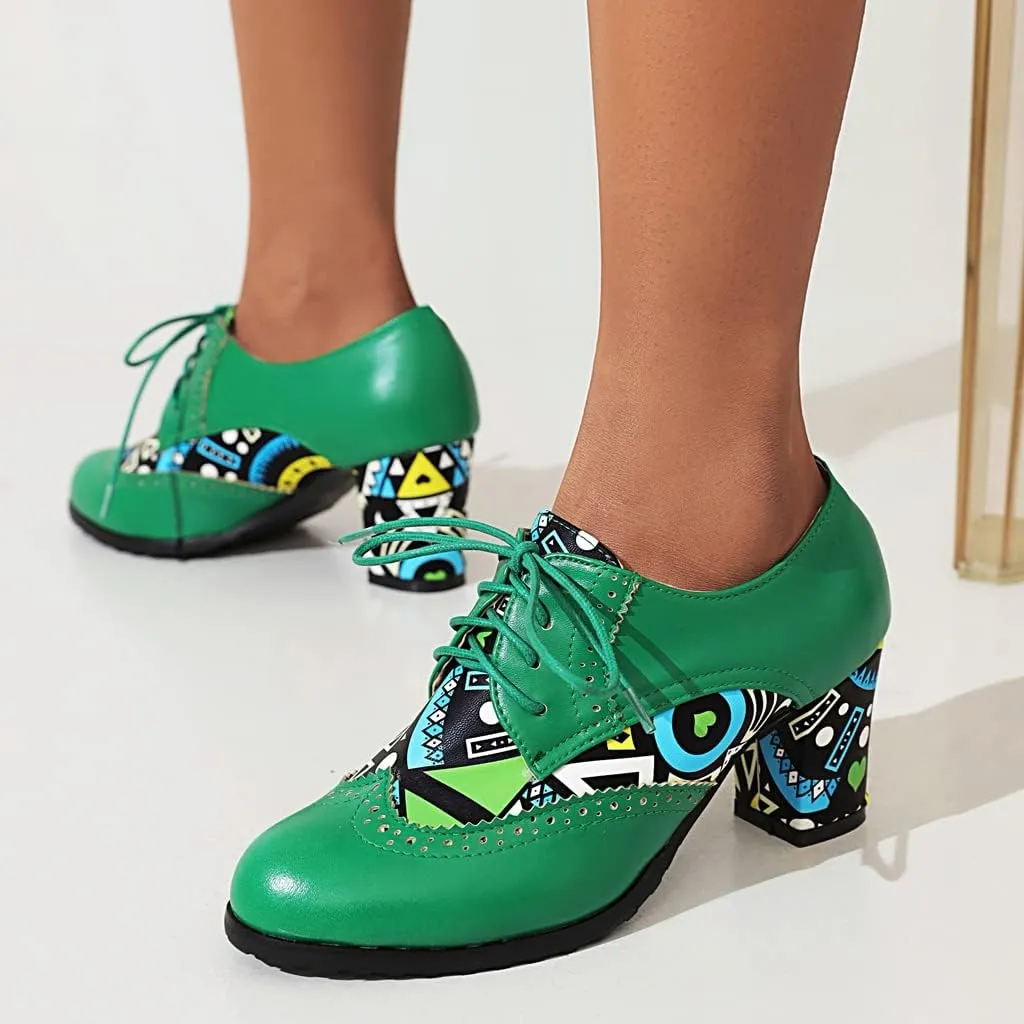 Women's Round Toe Lace Up Wingtip Oxford Pumps Block High Heel Perforated Vintage Brogue Dress Shoes