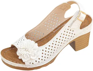 Womens Sandals Hollow Out Flower Decoration Chunky Heel Wedge Sandal Classic Casual Shoes Beach Vacation Walking Shoes Open Toe Sandal with Adjustable Hoop and Loop