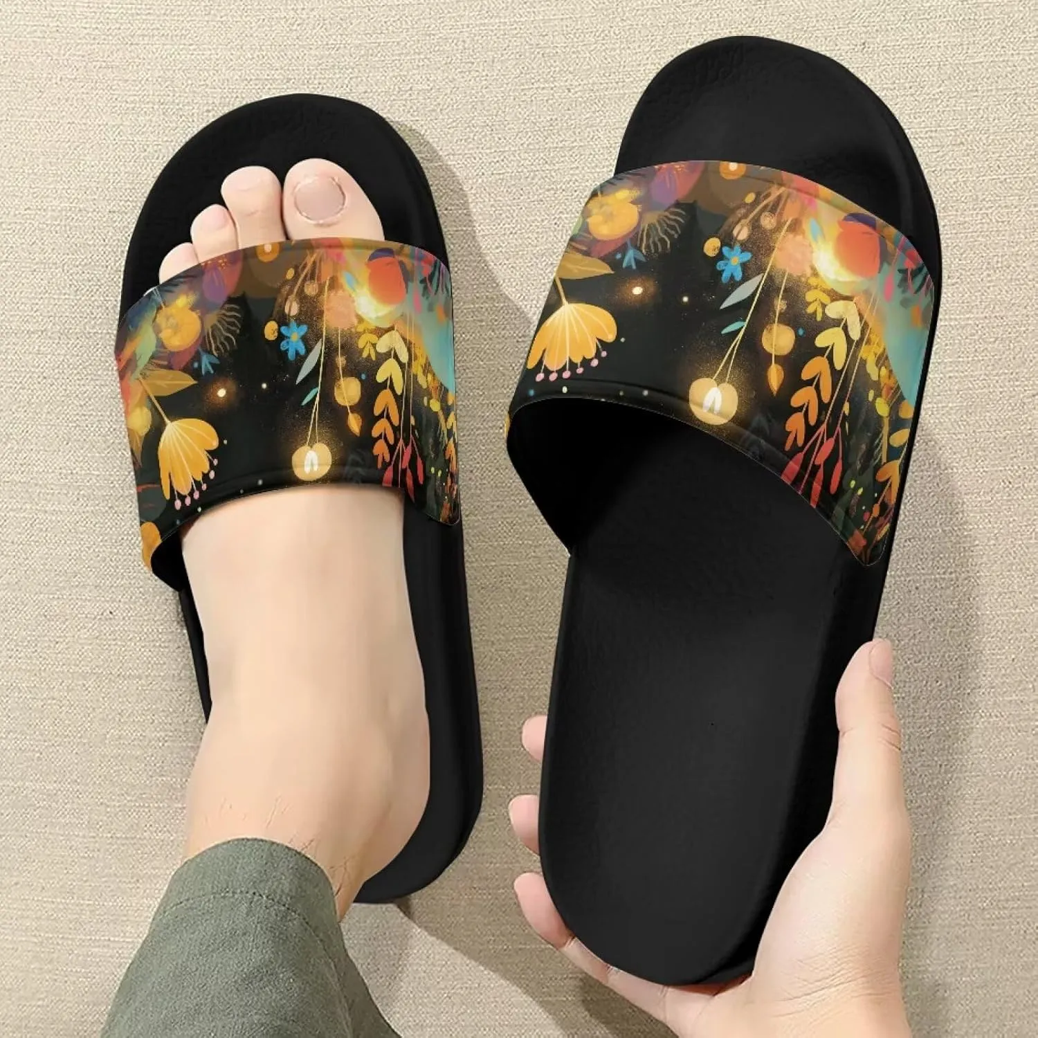 Women's Slide Sandal Comfort Summer Beach Water Shoes Non Slip Slip-On Flat Shower House Slippers Black Sole Size 6-13.5