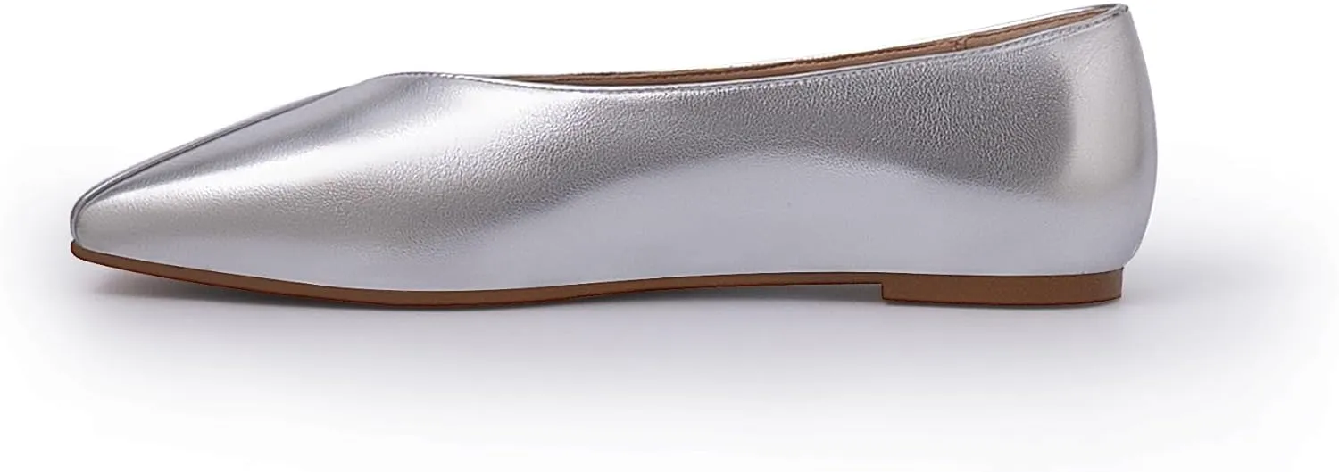 Women's Soft Ballet Silver Flats Elegant Slip On Square Toe Walking Single Shoes