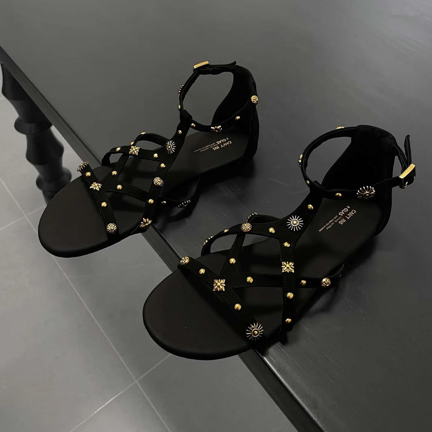 Women's Strappy Sandals with Gold Studded Details, Black, Ankle Strap Sandals with Studs and Floral Details