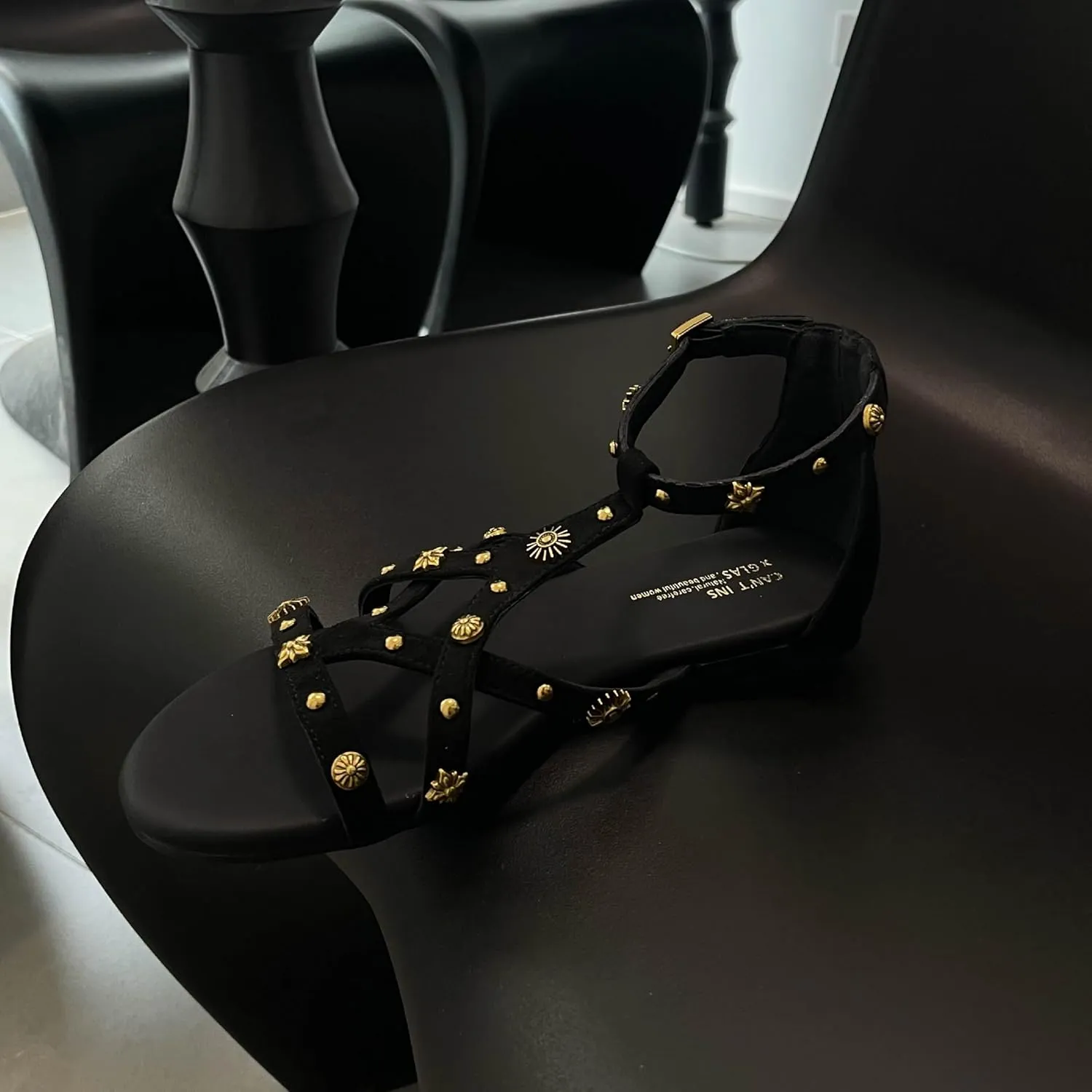 Women's Strappy Sandals with Gold Studded Details, Black, Ankle Strap Sandals with Studs and Floral Details