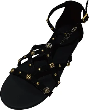 Women's Strappy Sandals with Gold Studded Details, Black, Ankle Strap Sandals with Studs and Floral Details