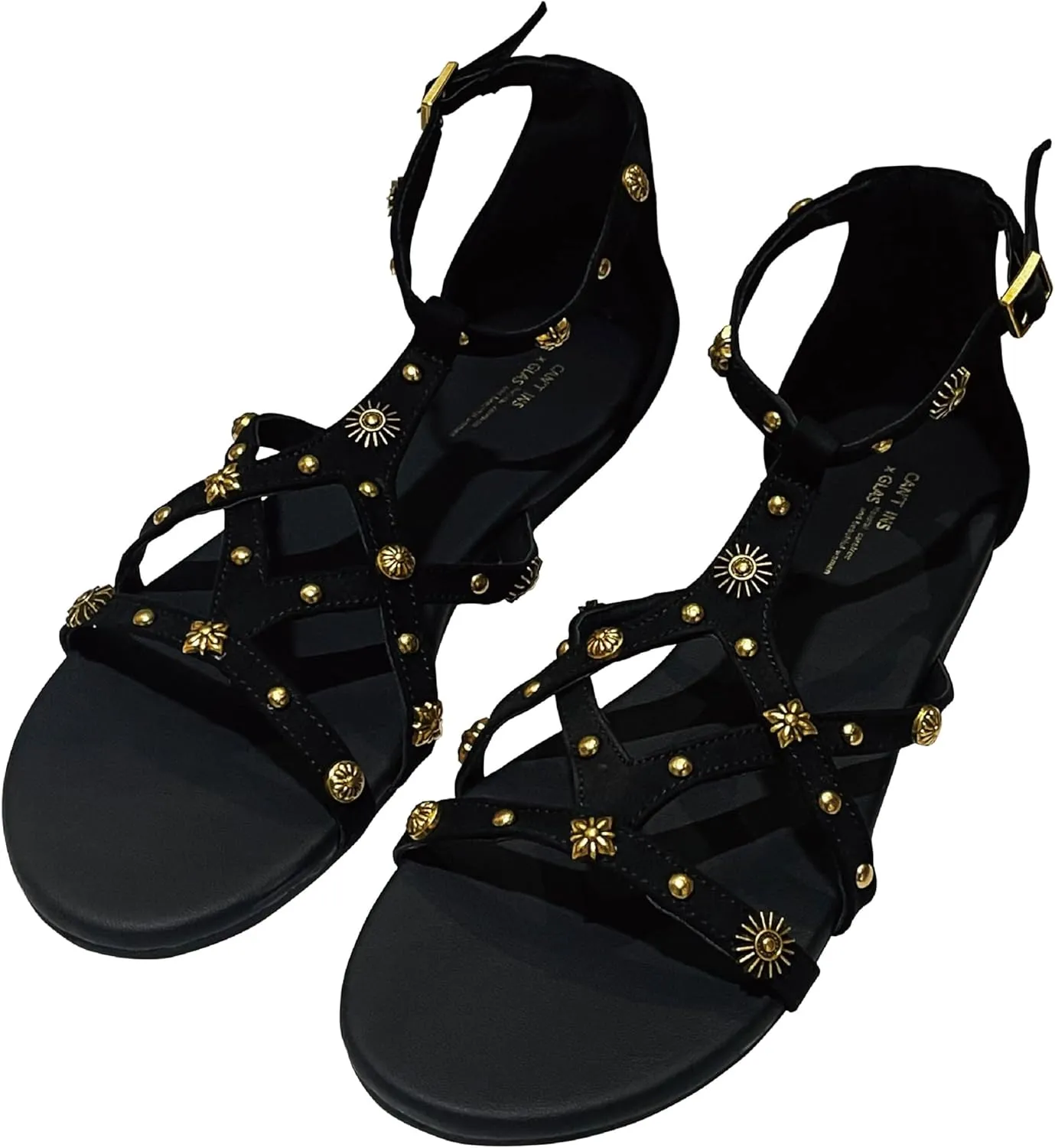 Women's Strappy Sandals with Gold Studded Details, Black, Ankle Strap Sandals with Studs and Floral Details