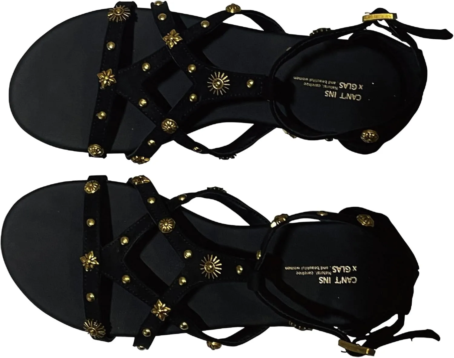 Women's Strappy Sandals with Gold Studded Details, Black, Ankle Strap Sandals with Studs and Floral Details