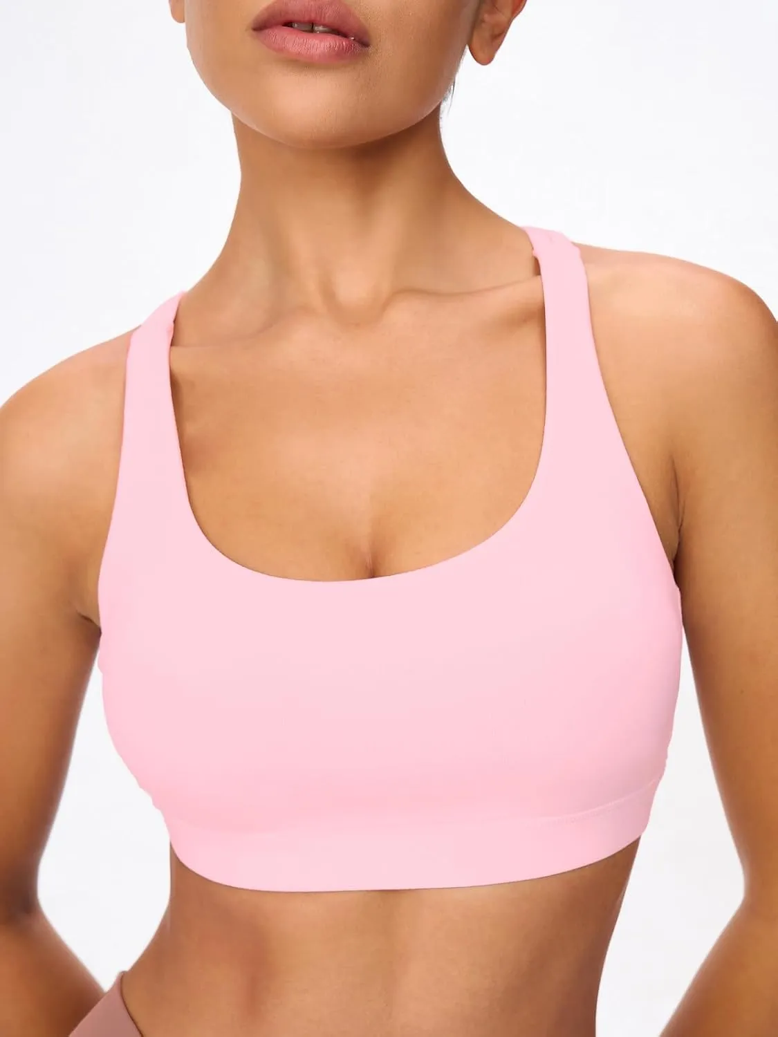 Women's Strappy Sports Bras Light Compression Crop Criss Cross Back Padded Workout Yoga Bra Supportive U Neckline