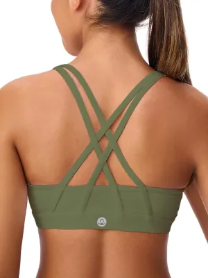 Women's Strappy Sports Bras Light Compression Crop Criss Cross Back Padded Workout Yoga Bra Supportive U Neckline
