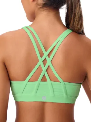 Women's Strappy Sports Bras Light Compression Crop Criss Cross Back Padded Workout Yoga Bra Supportive U Neckline