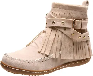 Women's Suede Fringe Boots Moccasins Tassel Cross Studded Strappy Flat Ankle Boots Non-slip Fall Winter (Beige, 7.5)