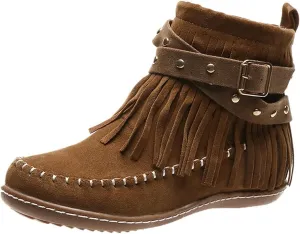 Women's Suede Fringe Boots Moccasins Tassel Cross Studded Strappy Flat Ankle Boots Non-slip Fall Winter (Brown, 7)