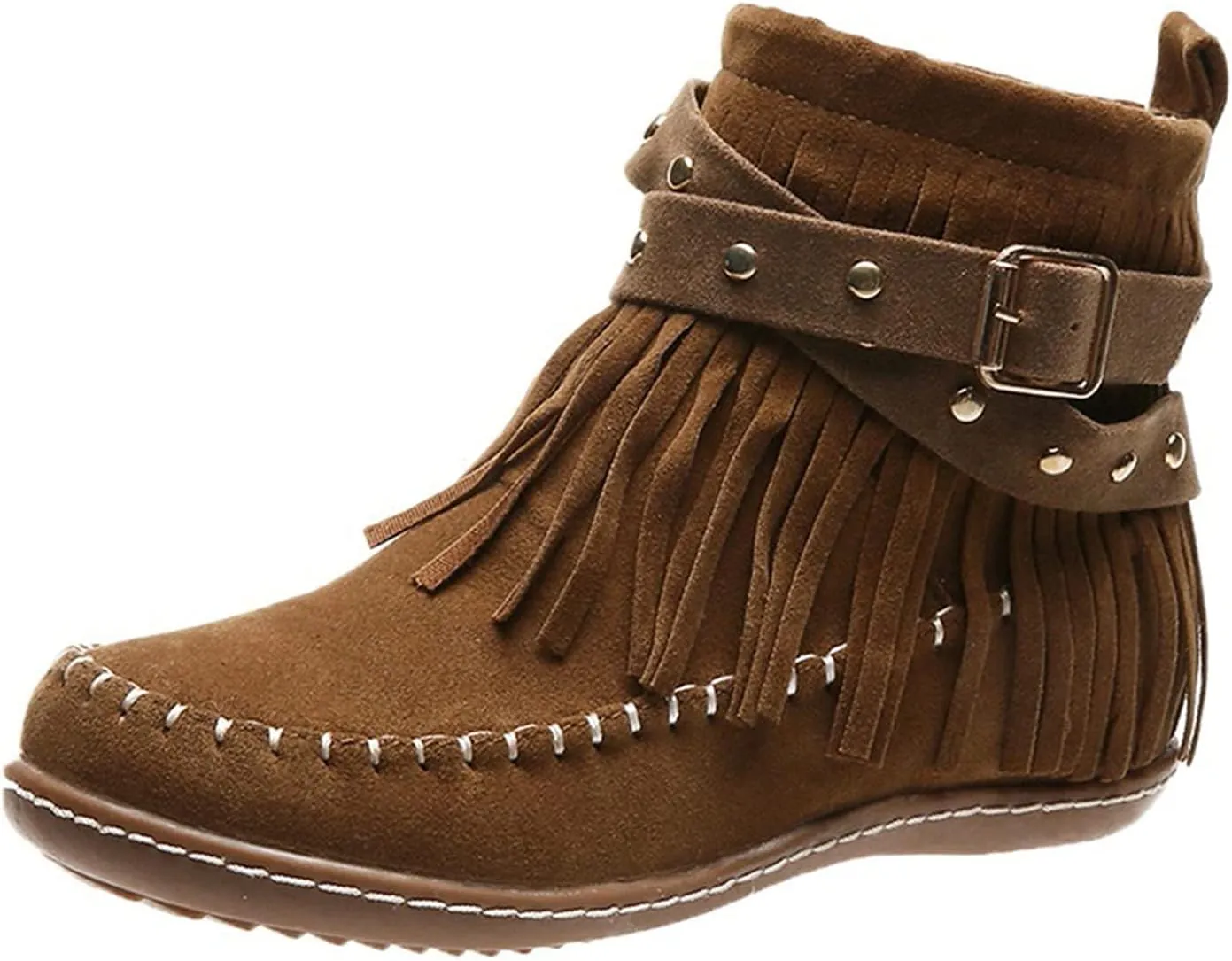 Women's Suede Fringe Boots Moccasins Tassel Cross Studded Strappy Flat Ankle Boots Non-slip Fall Winter (Brown, 7)