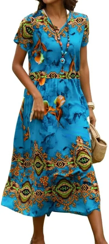 Womens Summer Casual Dresses Boho Floral Flowy A Line Midi Dress Short Sleeve Beach Vacation Sundress S-XXL