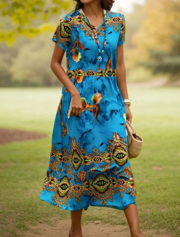 Womens Summer Casual Dresses Boho Floral Flowy A Line Midi Dress Short Sleeve Beach Vacation Sundress S-XXL
