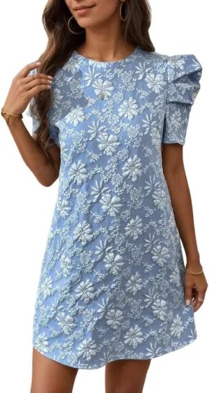 Womens Summer Short Puff Sleeve Jacquard Floral Midi Dresses Casual Elegant Crew-Neck Empire Waist Dresses for Women