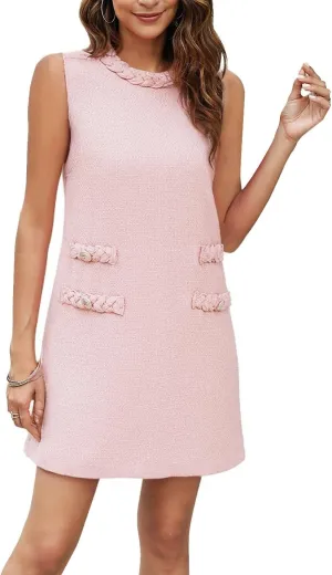Womens Tweed Dress Summer Sleeveless Classic Elegant A Line Shift Mini Jackie O Dress for Work Casual
