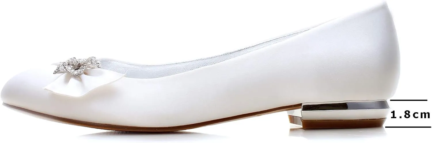 Womens Wedding Satin Pumps Ladies Flat Bridal Slip on Shoes Rhinestone Ballet Ballerina Shoes
