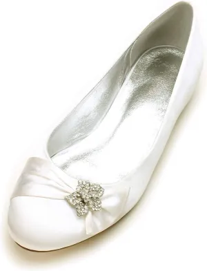Womens Wedding Satin Pumps Ladies Flat Bridal Slip on Shoes Rhinestone Ballet Ballerina Shoes