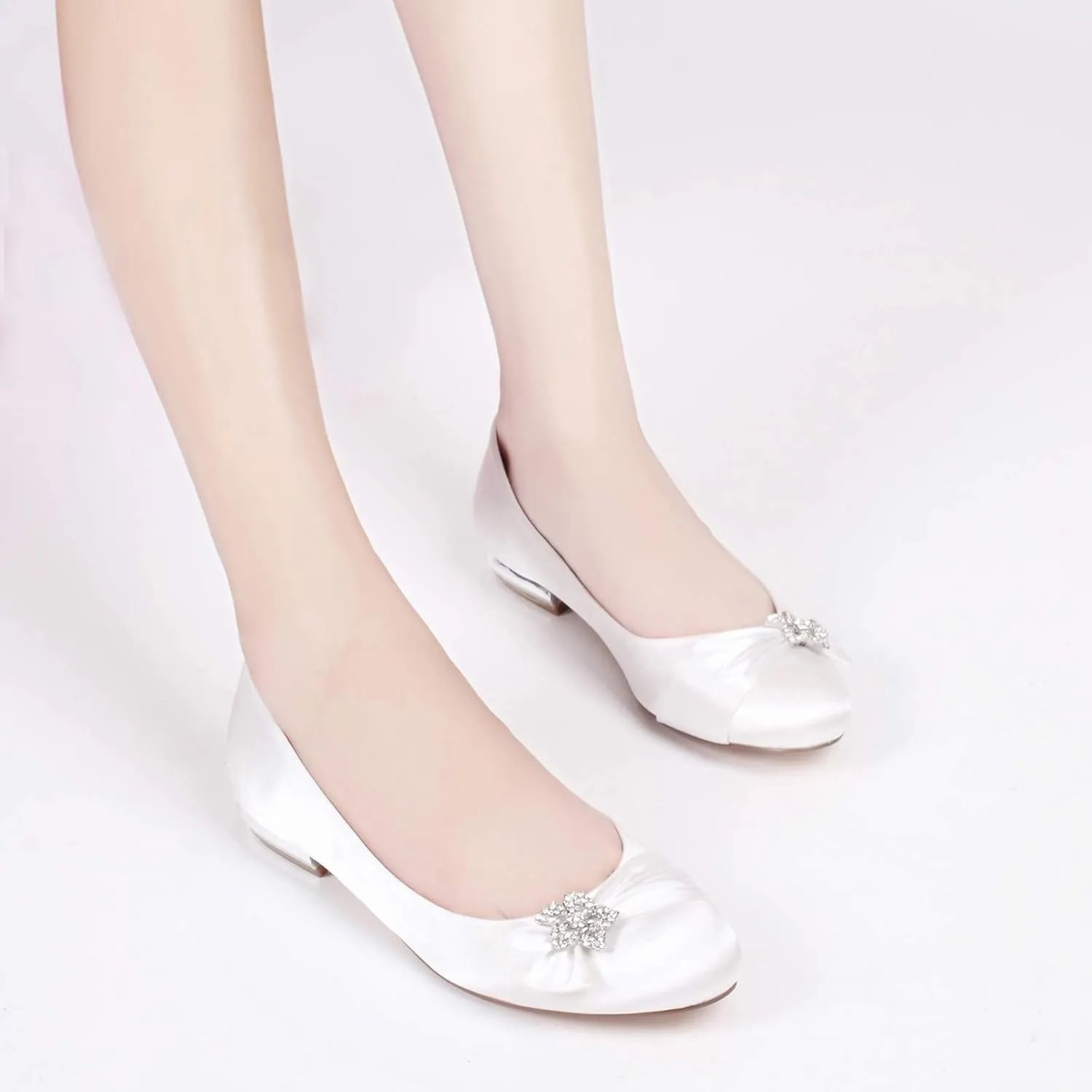 Womens Wedding Satin Pumps Ladies Flat Bridal Slip on Shoes Rhinestone Ballet Ballerina Shoes