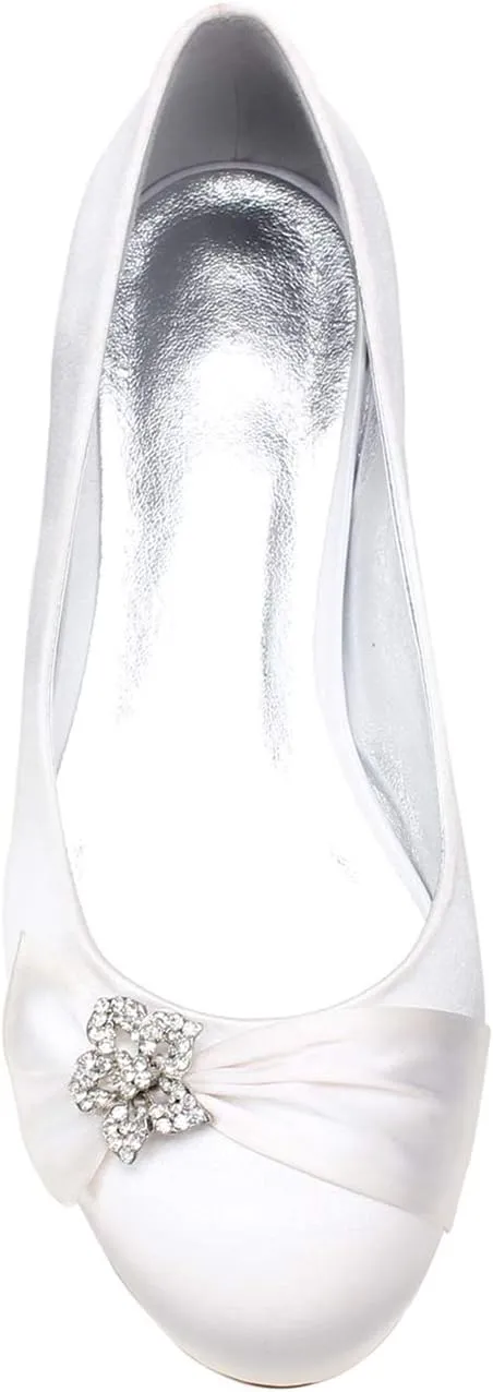 Womens Wedding Satin Pumps Ladies Flat Bridal Slip on Shoes Rhinestone Ballet Ballerina Shoes
