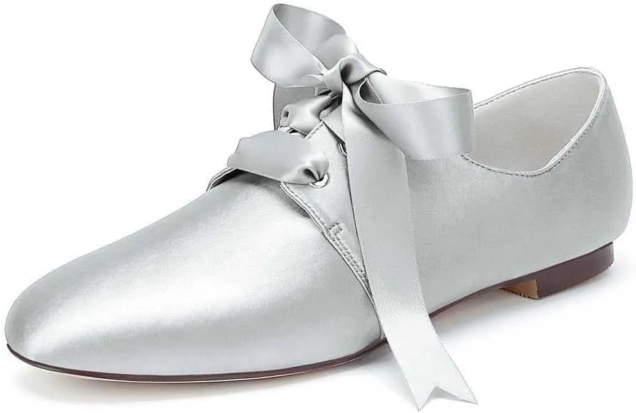 Womens Wedding Shoes Women’s Flat Shoes Round Toe Satin Lace up Low Heels Comfort Dress Shoes Wedding Bridal Pumps Sandals Dark Green(Silver,6.5 UK)