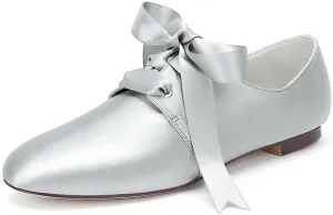 Womens Wedding Shoes Women’s Flat Shoes Round Toe Satin Lace up Low Heels Comfort Dress Shoes Wedding Bridal Pumps Sandals Dark Green(Silver,6.5 UK)