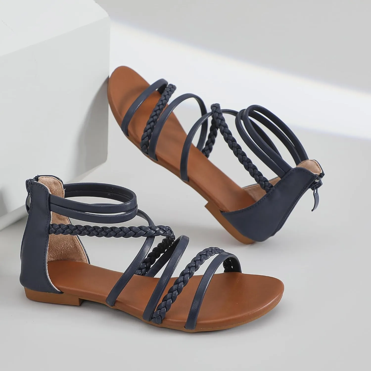 youngshow Braided Strappy Sandals for Women Open Toe Dressy Summer Flat Sandals with Zip Closure