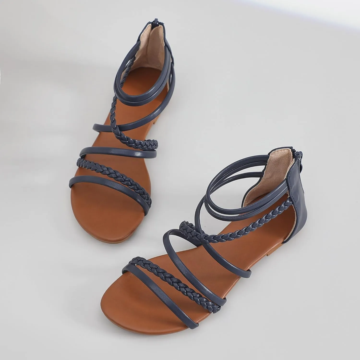 youngshow Braided Strappy Sandals for Women Open Toe Dressy Summer Flat Sandals with Zip Closure