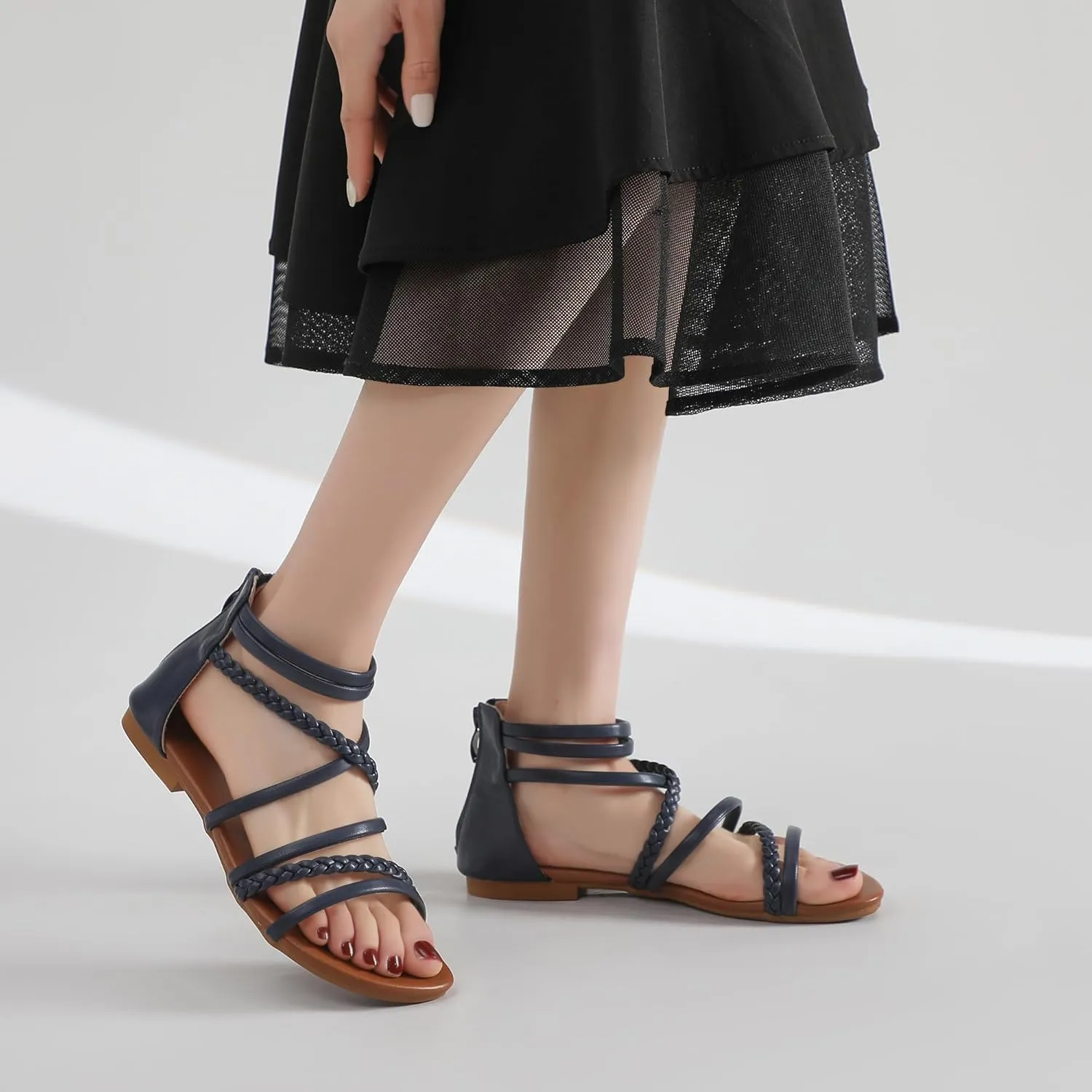 youngshow Braided Strappy Sandals for Women Open Toe Dressy Summer Flat Sandals with Zip Closure