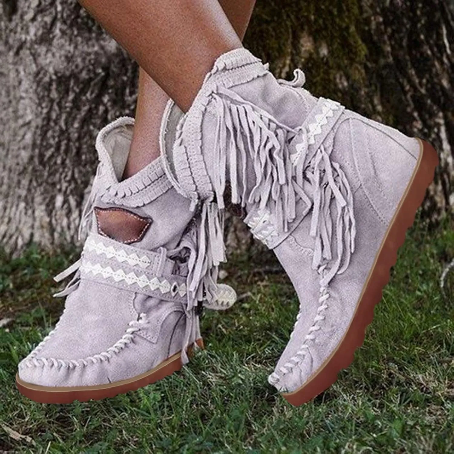 ZBYY Women Suede Fringe Ankle Booties Winter Warm Round Toe Flat Short Anti-Slip Short Boots Bohemian Tassel Cowgirl Boots