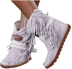 ZBYY Women Suede Fringe Ankle Booties Winter Warm Round Toe Flat Short Anti-Slip Short Boots Bohemian Tassel Cowgirl Boots