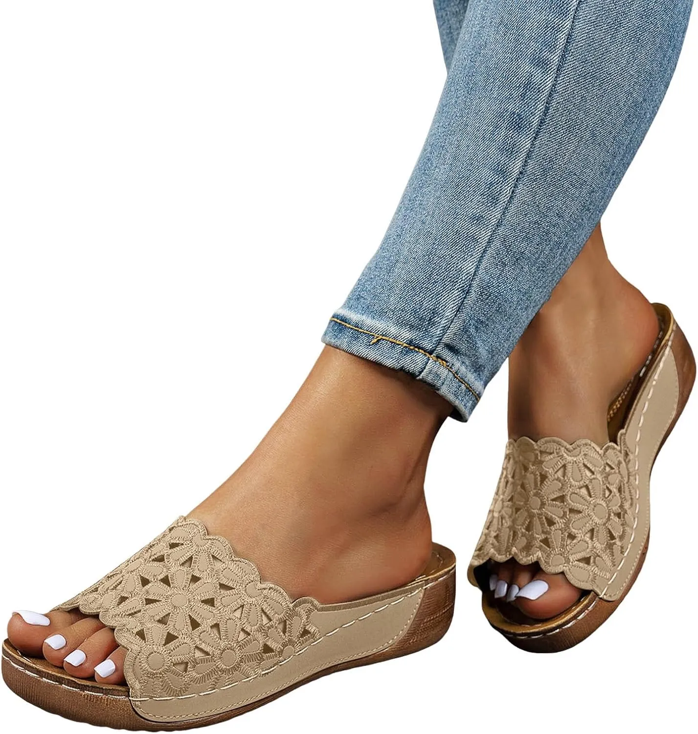 ZSpzx Women Wedge Sandals 2025,Arch Support Indoor/Outdoor Slip-On Walking Footwear Summer Soft Cushion Flower Embroidery Casual Shoe Beach Vacation Slippers Peep Toe Non-Slip Slides Daily Wear